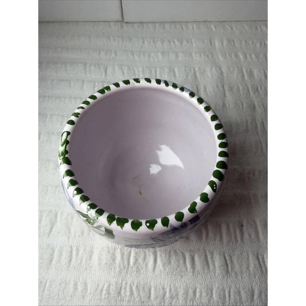 Handmade Painted Floral Blue Green Terra Cotta Pottery Planter Signed Skinner